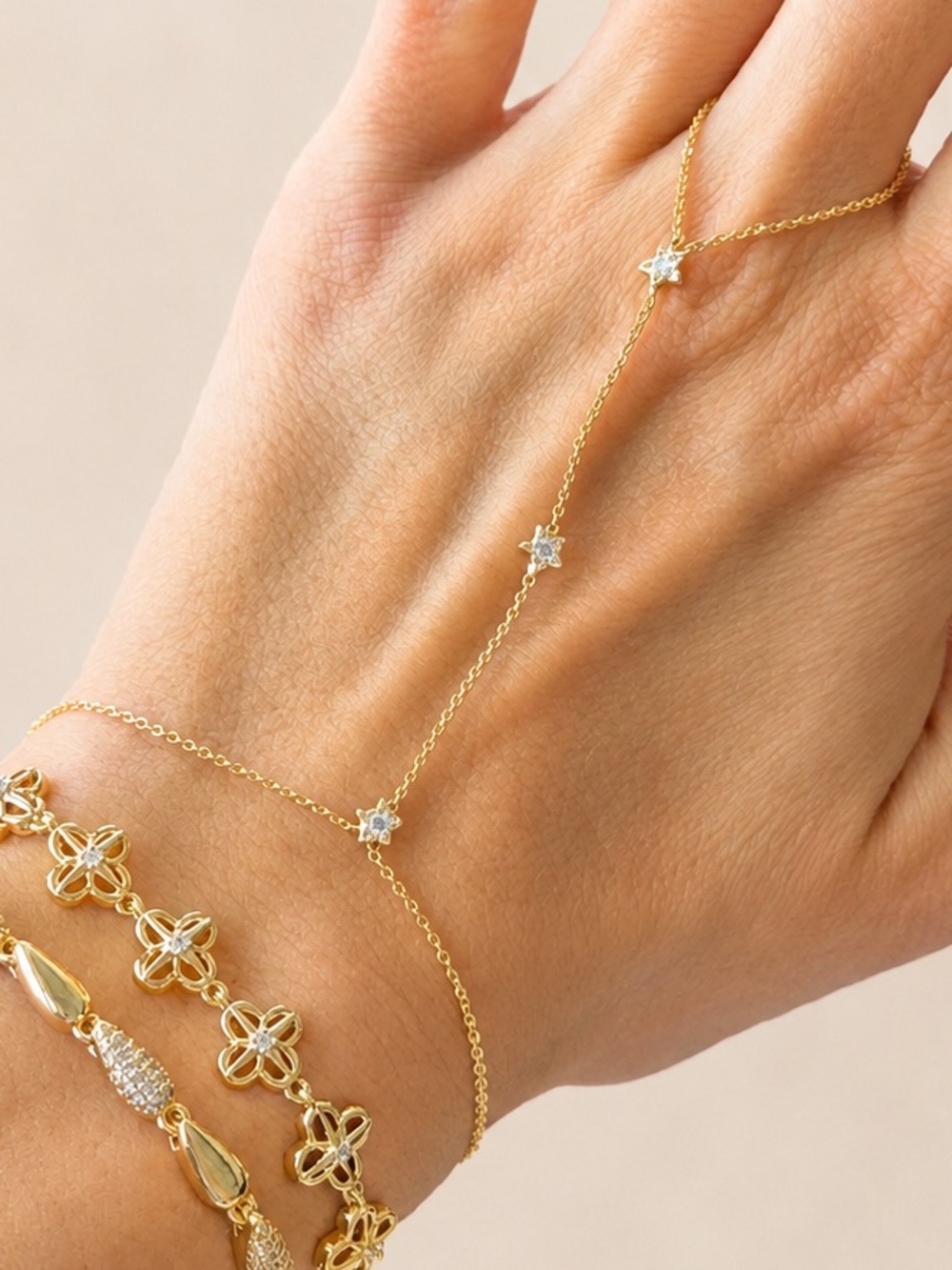 3/$40! 14K Gold Plated Dainty Flower Hand Chain Crystals Minimalist Floral Slave